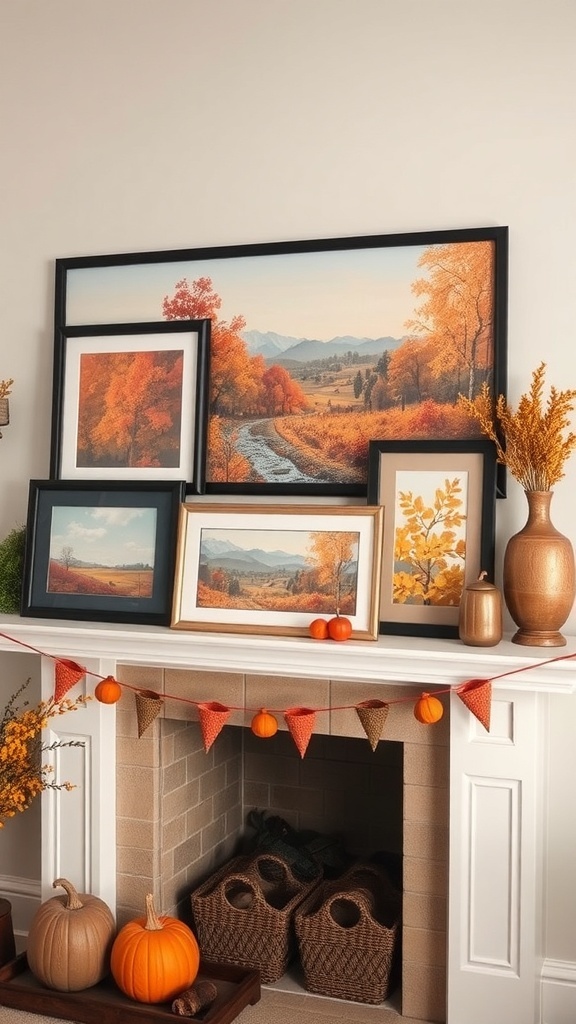 A fall-themed mantel with framed artwork depicting autumn landscapes, pumpkins, and a festive banner.