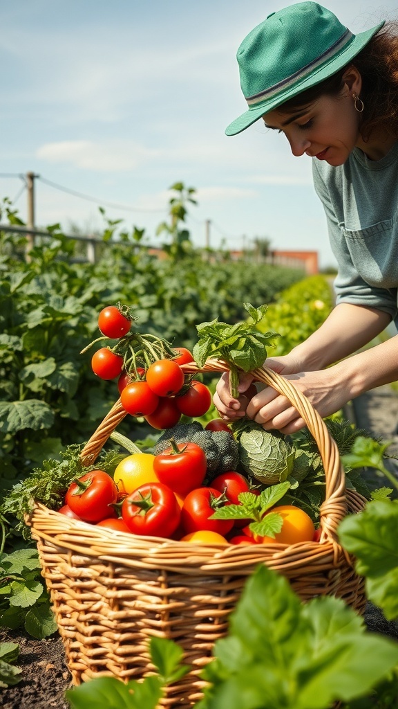 A person harvesting ripe tomatoes and vegetables from a kitchen garden, placing them in a wicker basket.