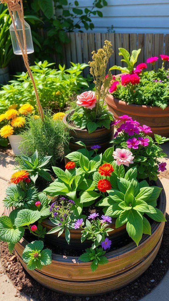 A colorful herb spiral garden filled with various herbs and flowers.