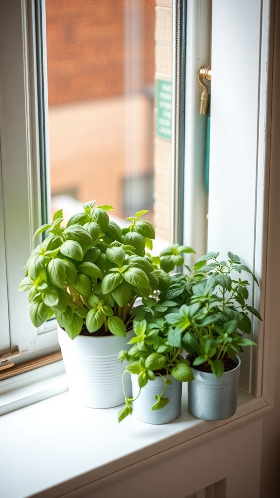 Potted basil and mint plants on a windowsill