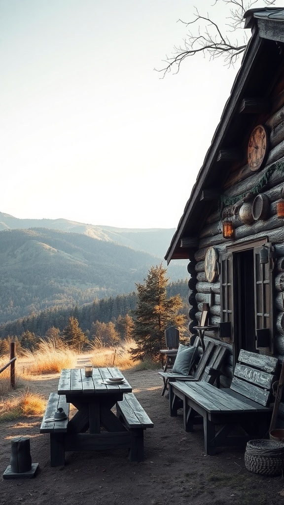 A rustic log cabin with a beautiful mountain view, featuring wooden seating and a picnic table outside.