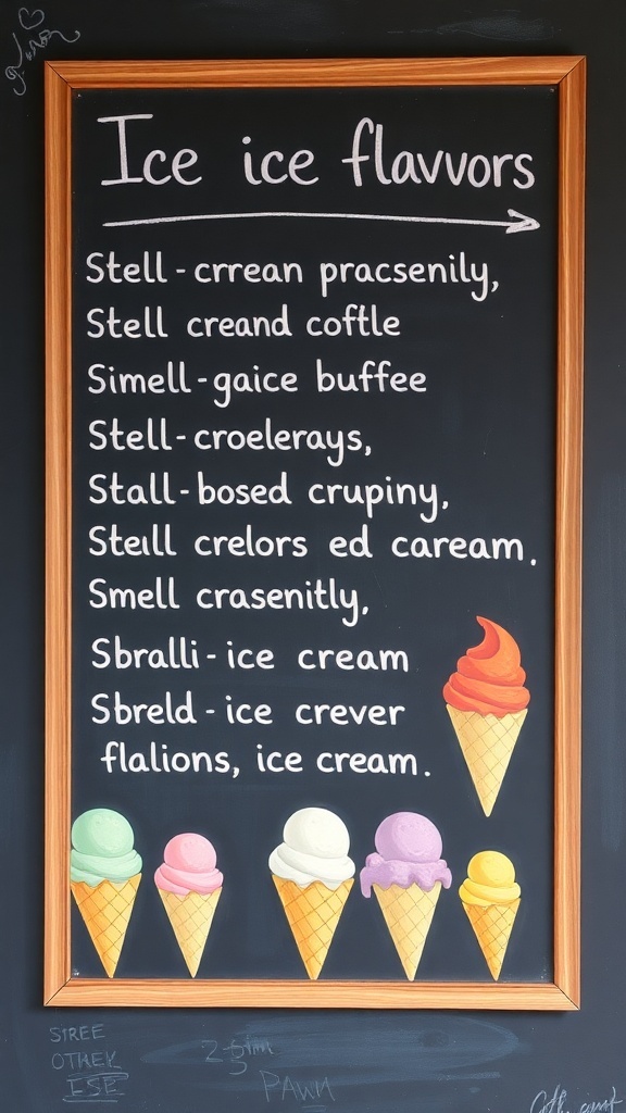 Chalkboard listing various ice cream flavors with colorful cones