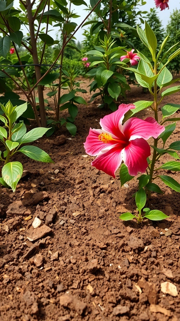 A vibrant pink hibiscus flower blooming in a garden with green leaves and rich soil.