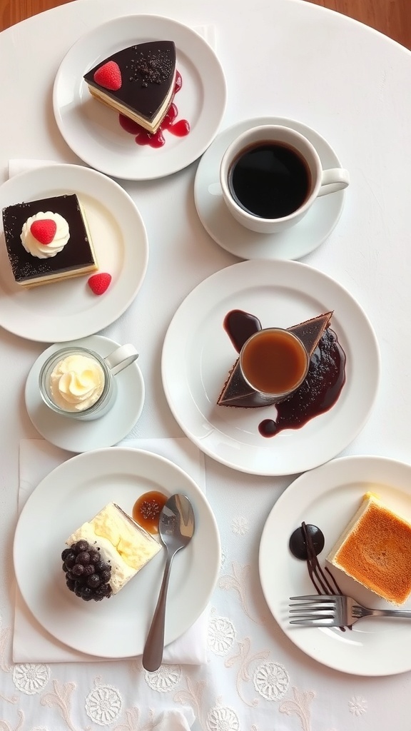 Una variedad de postres acompañados de café en casa.