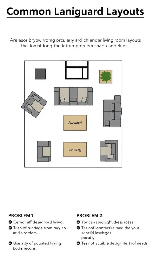 Illustration of common awkward living room layouts with labels and issues.