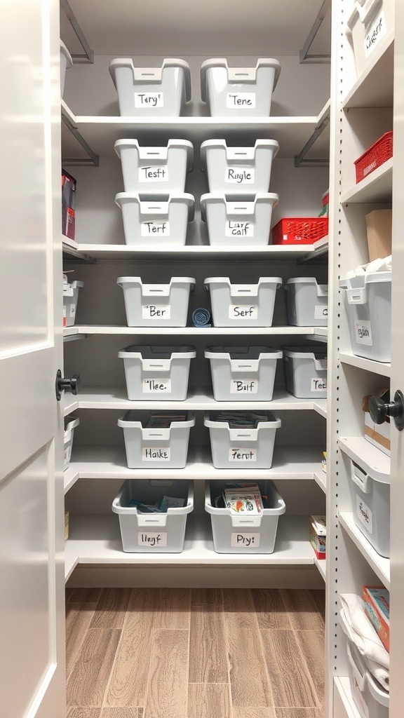 Organized closet with labeled storage bins on shelves