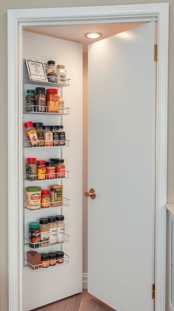 A pantry door with organized spice racks