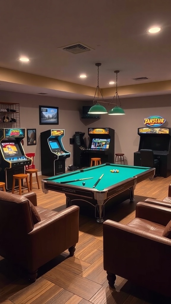 A cozy game room with a pool table and arcade games