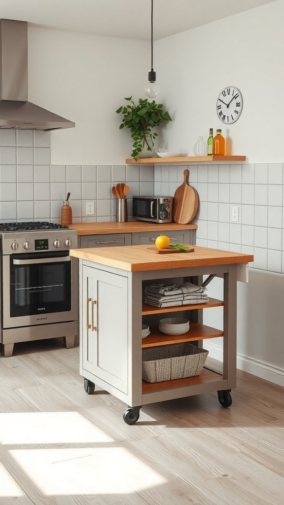 A small kitchen featuring a movable kitchen island on wheels with a wooden top and gray cabinetry.