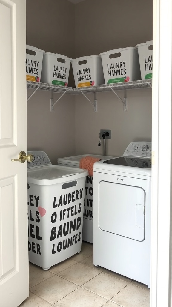 A small laundry room with labeled hampers and a washer and dryer.
