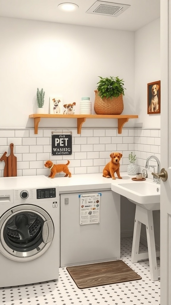 A laundry room with a pet washing station, featuring a sink, washing machine, and pet decor.