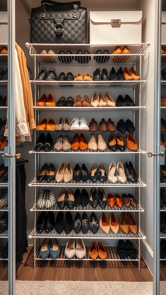 A well-organized shoe rack displaying various pairs of shoes in a closet.
