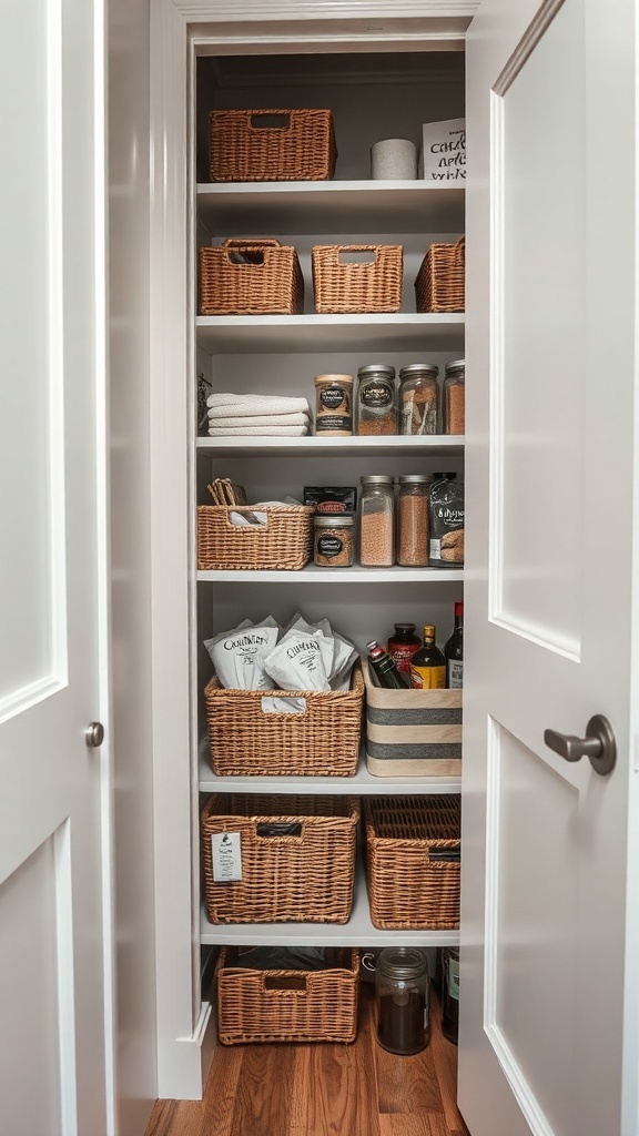 A well-organized small pantry with woven baskets and clear jars on shelves.
