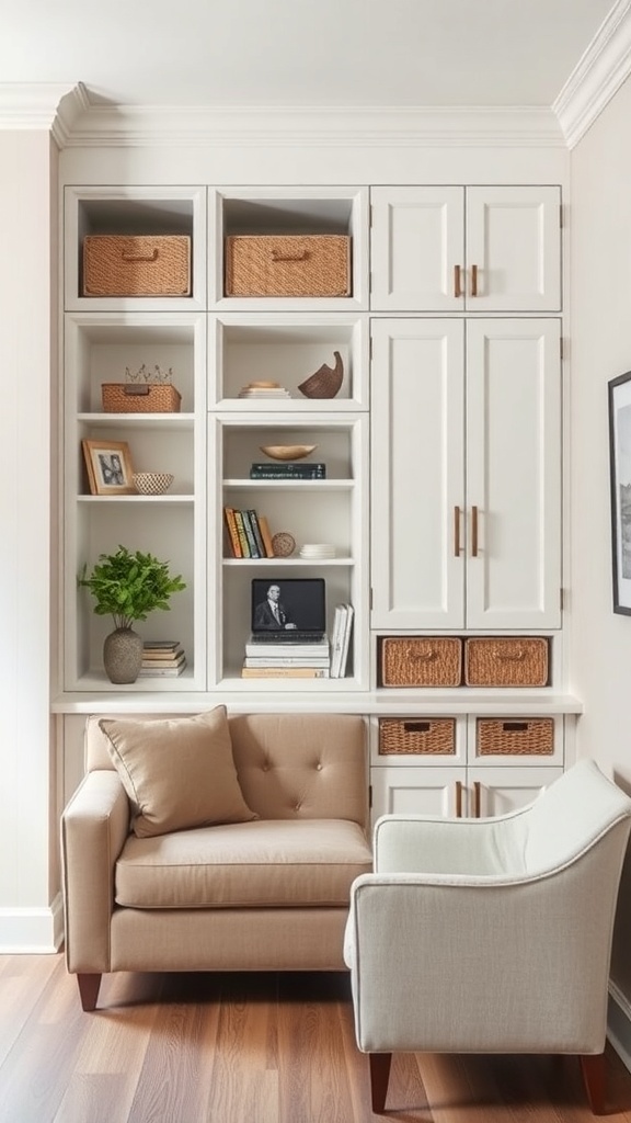 A small sitting room featuring built-in storage solutions, a beige armchair, and tasteful decor.