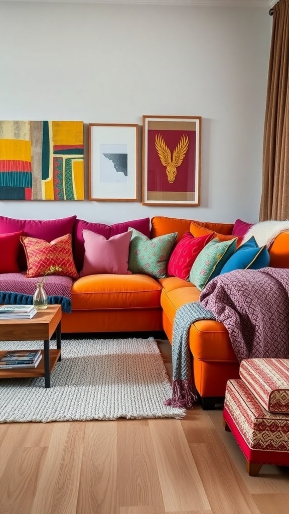 A colorful sectional sofa adorned with vibrant cushions and a cozy throw, complemented by artistic wall decor