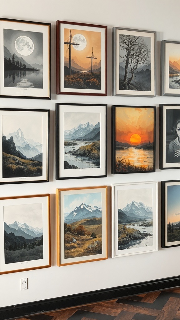 A gallery wall featuring a collection of diverse framed artwork.