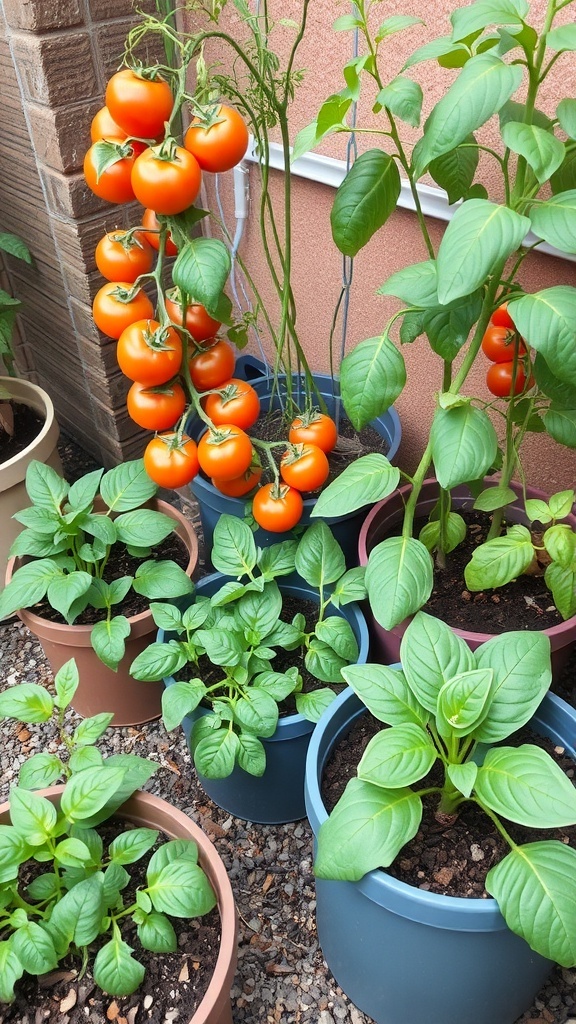 A collection of tomato plants and leafy greens in pots, showcasing a small space garden.
