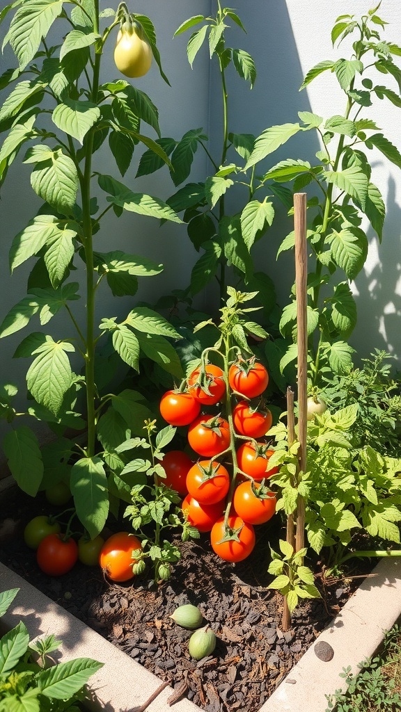 A small garden with vibrant red tomatoes and green tomatoes growing on plants.