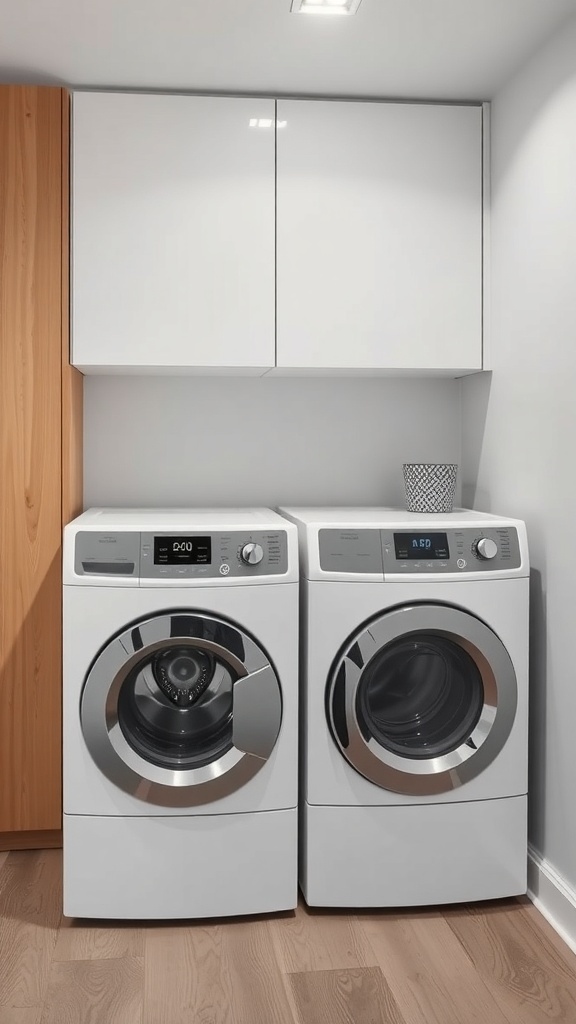 A modern laundry room featuring energy-efficient washer and dryer appliances.
