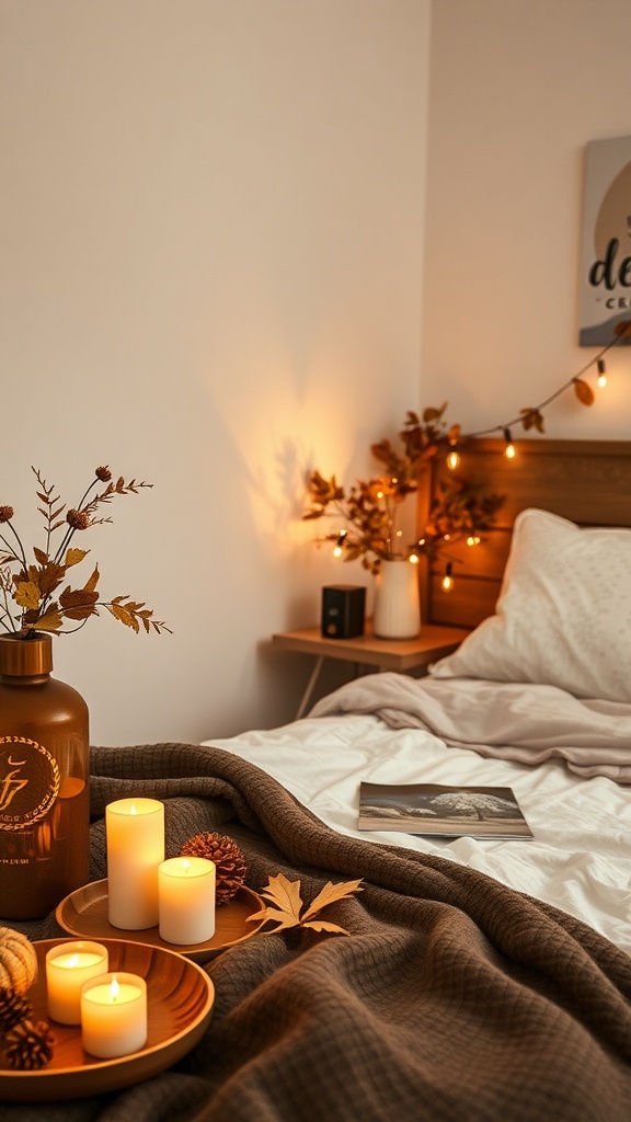 A cozy bedroom with candles, a warm blanket, and autumn decorations.