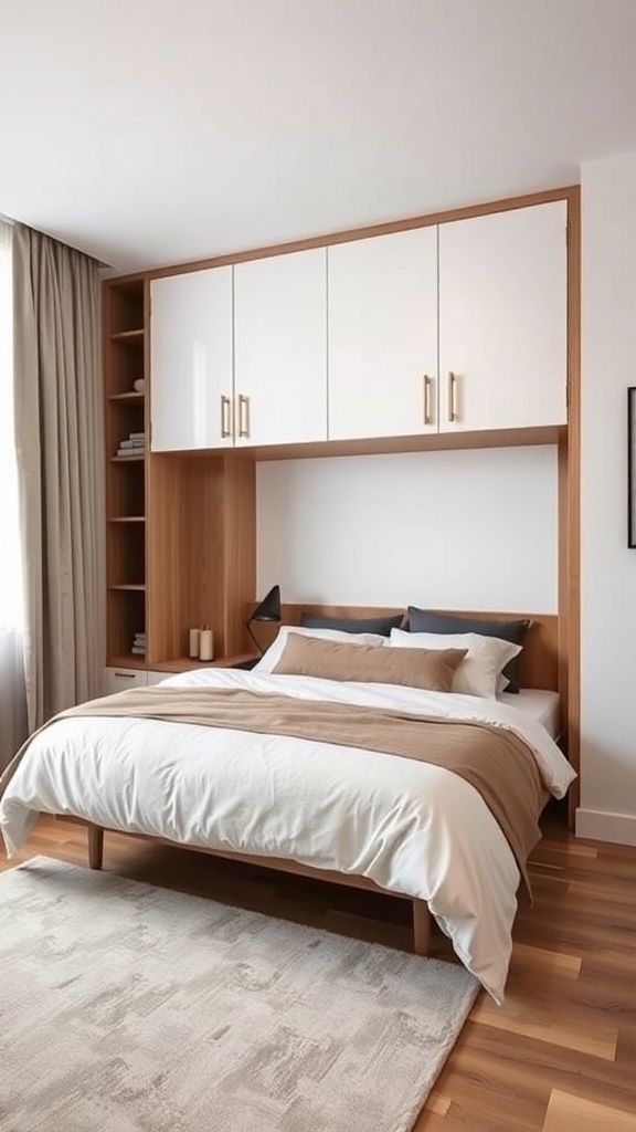 A modern small bedroom featuring a foldable Murphy bed with built-in storage.