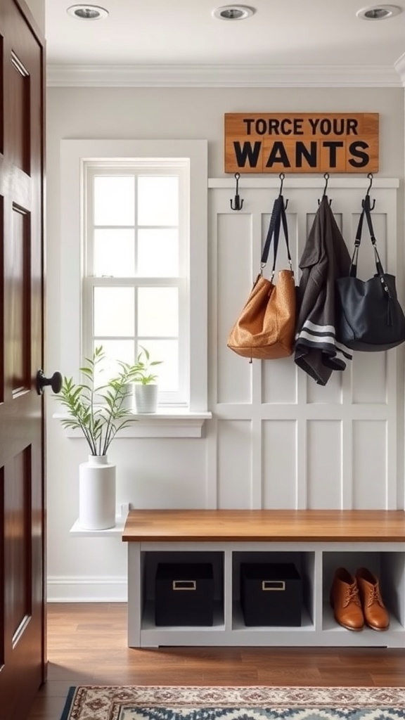 A stylish entry foyer featuring a bench with storage, hooks for bags and jackets, and a decorative sign.