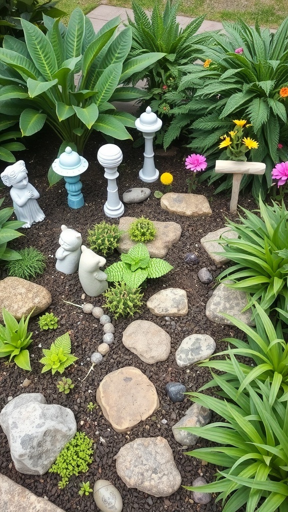 A small garden featuring decorative stones, colorful flowers, and playful statues.
