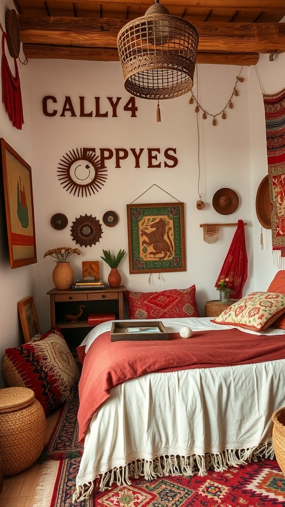A cozy boho bedroom decorated with global influences, featuring colorful textiles, woven baskets, and unique art pieces.