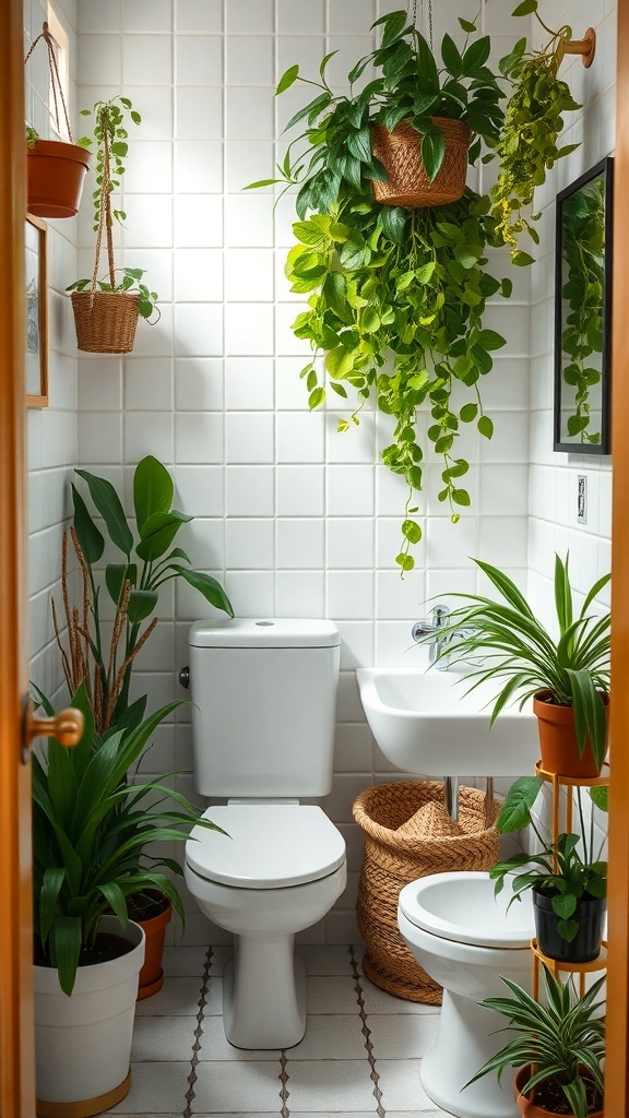 A small bathroom with various plants, including hanging and potted greenery, creating a fresh and inviting atmosphere.