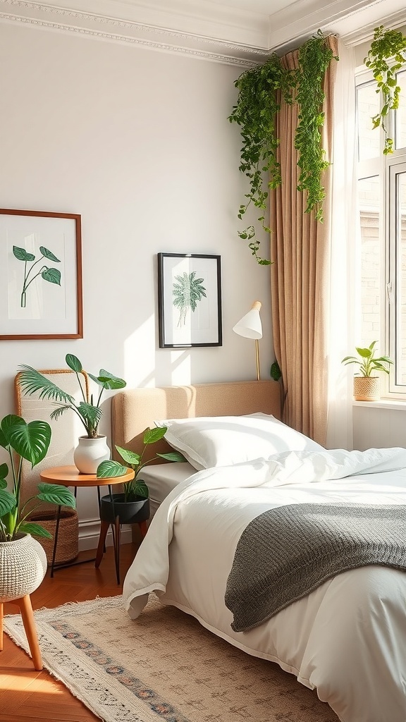 A classy bedroom with plants, featuring a cozy bed, side tables, and natural light.