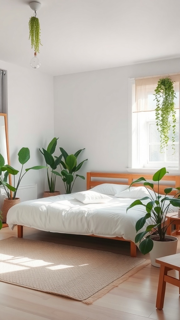 A bright bedroom featuring a bed with white linens surrounded by various indoor plants in pots