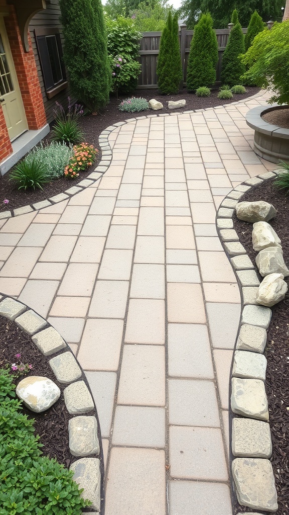 A winding pathway made of pavers, bordered by stones and surrounded by lush greenery.