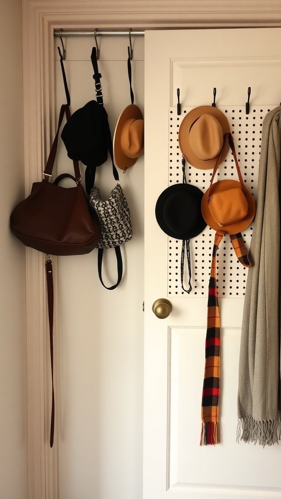 A small closet with hooks and a pegboard displaying hats, bags, and a scarf.