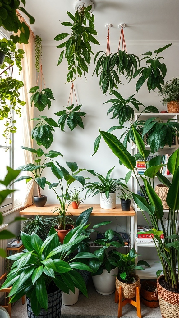 A cozy apartment filled with various indoor plants, including hanging and potted plants, creating a lively atmosphere.
