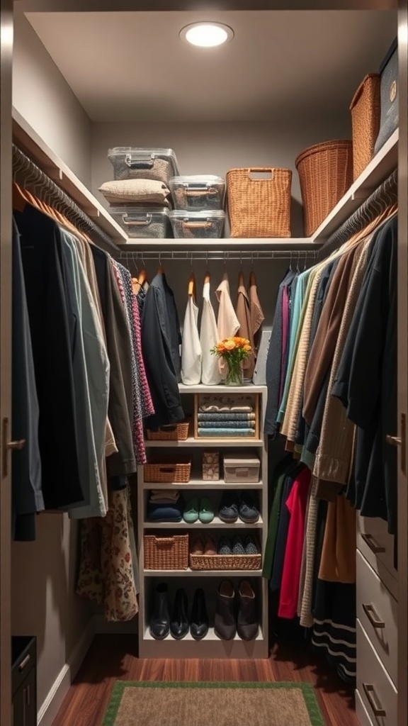A well-organized closet with bright lighting, showcasing clothes, shoes, and storage baskets.