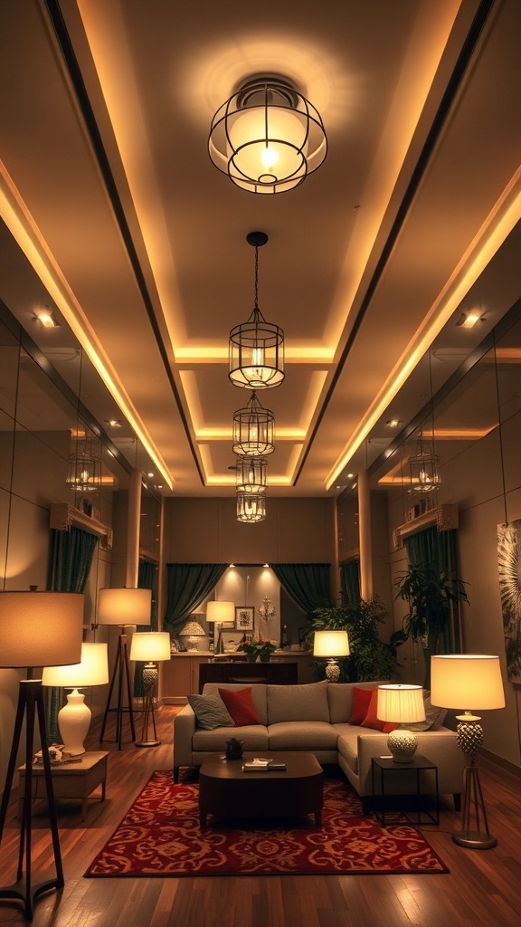 Cozy long living room with various lighting options for ambiance.