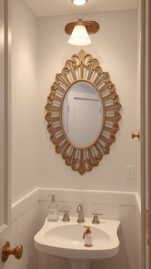 A half bathroom featuring a stylish gold-framed mirror above a sink with elegant fixtures.