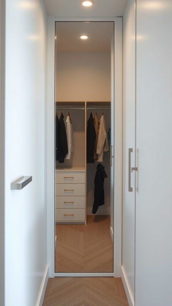 A small walk-in closet featuring a large mirror reflecting the space beautifully.
