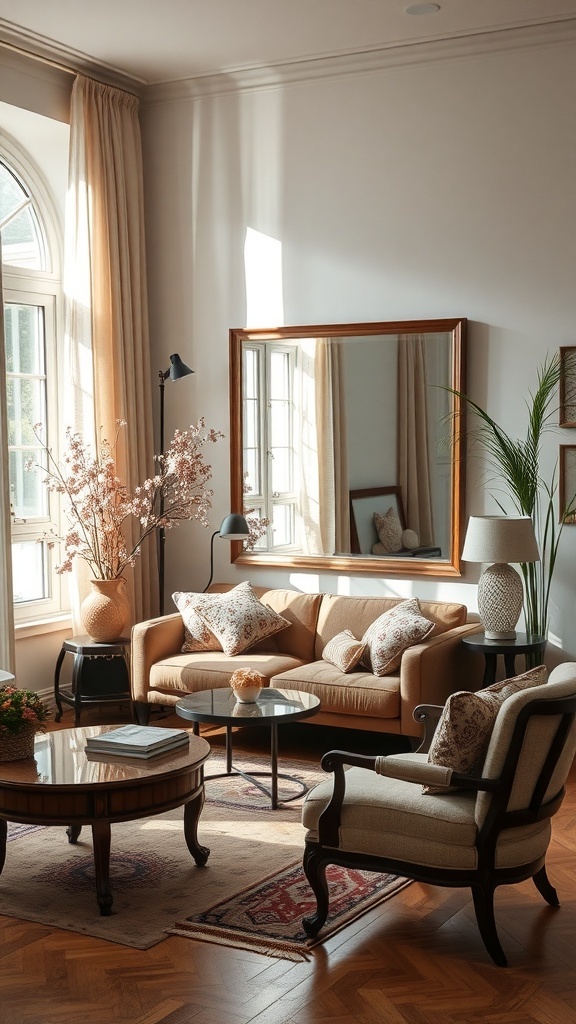 Small sitting room with a large mirror enhancing space and light.
