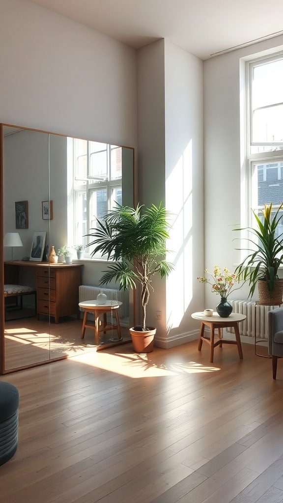 A bright studio apartment featuring a large mirror, plants, and wooden furniture.