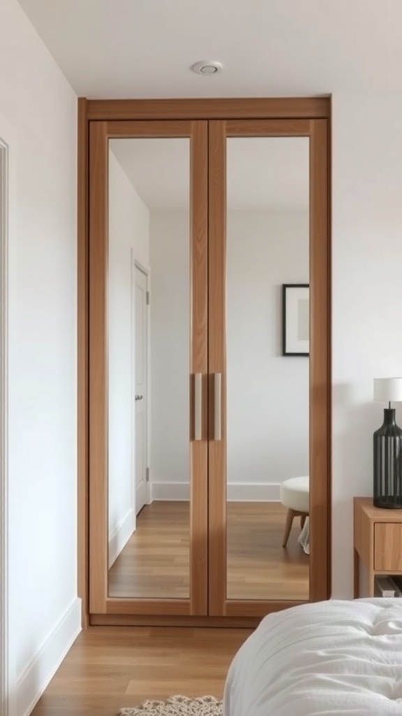 A modern wardrobe with mirrored doors in a bedroom setting.