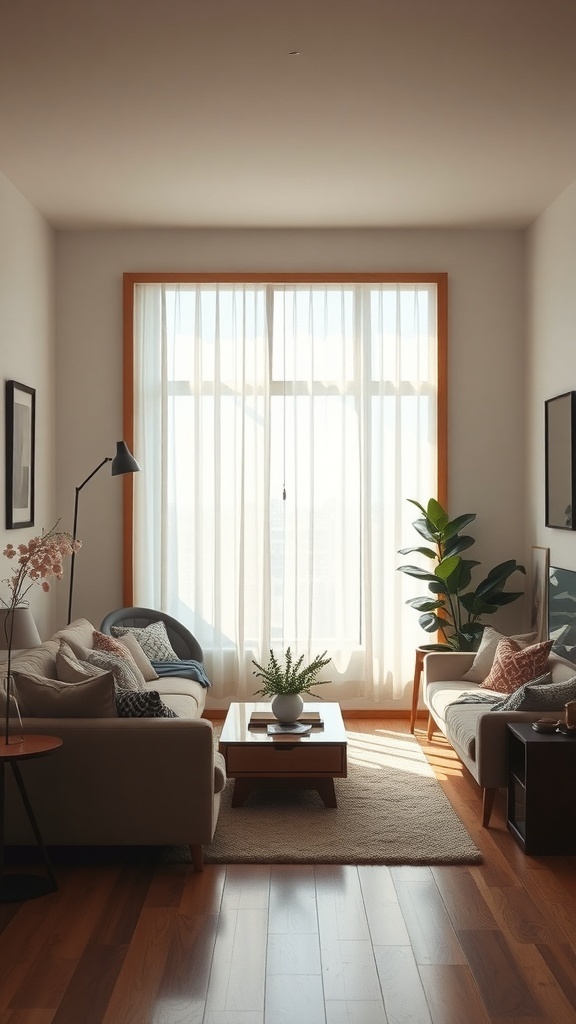 Cozy small living room with large window, soft lighting, and plants.