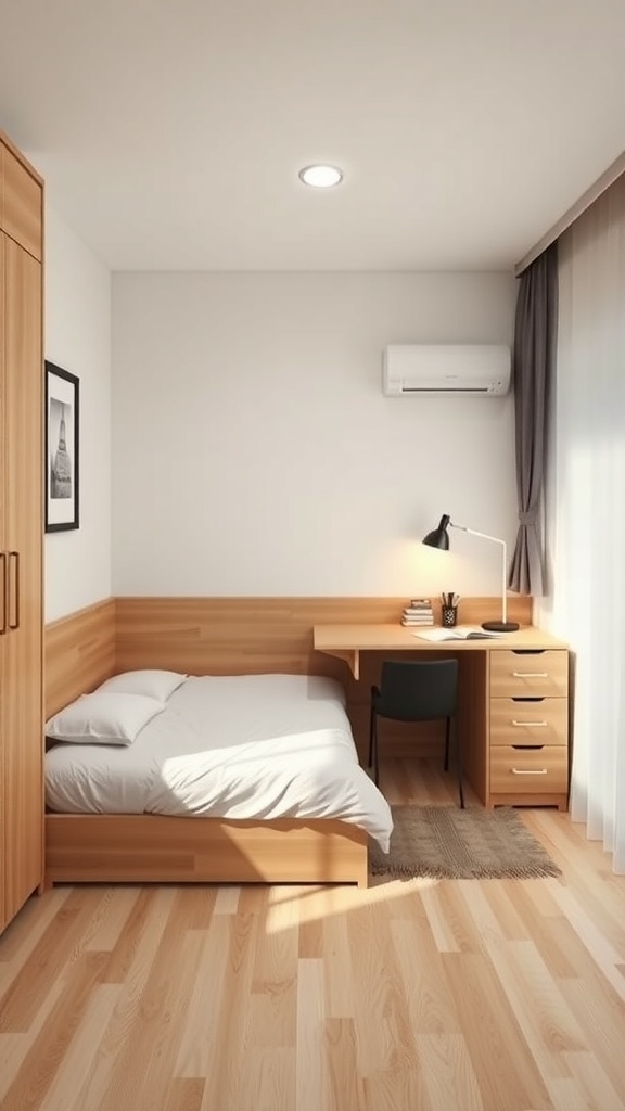 A small bedroom featuring a bed with storage, a compact desk, and warm wood tones.