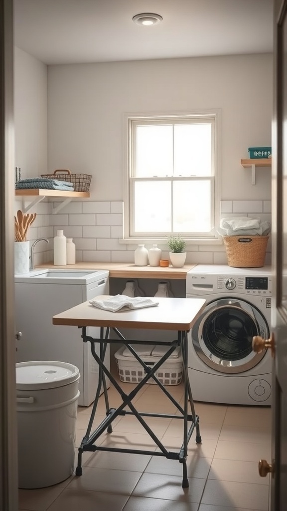 A small laundry room featuring a folding table, washer, dryer, and open shelves with storage baskets.