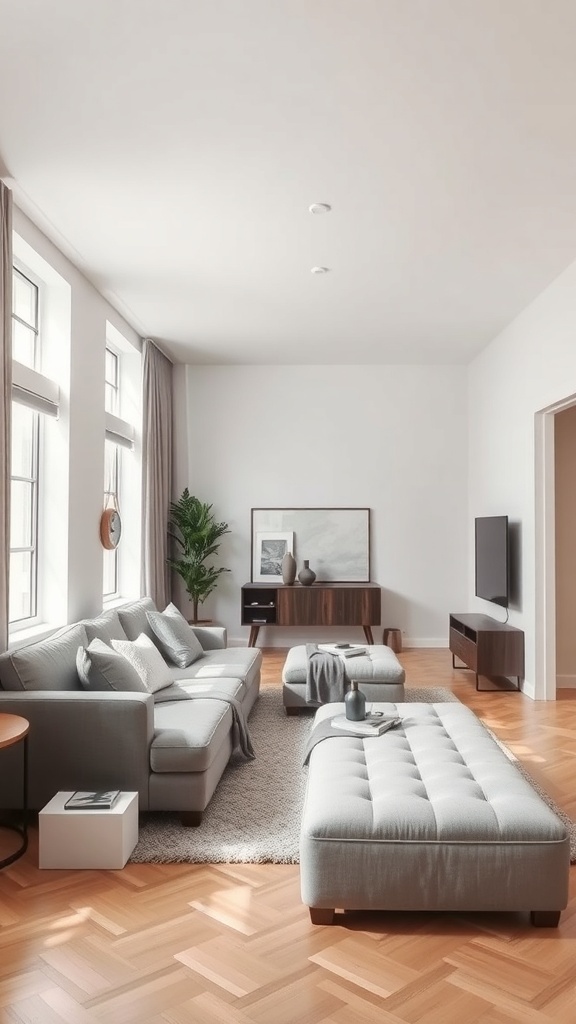 Stylish long living room with a gray sofa and multi-functional ottoman.