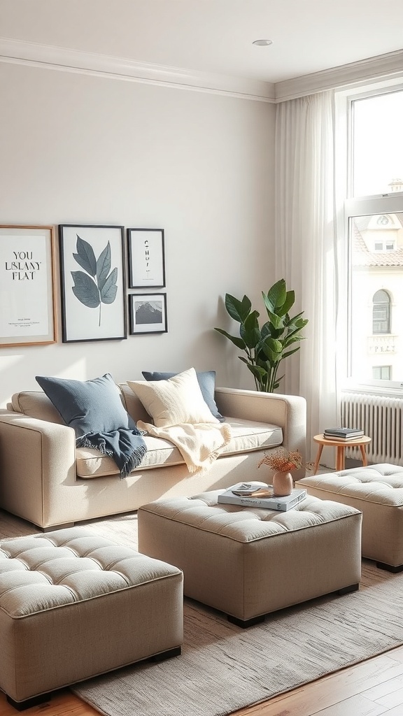A cozy living room featuring a light-colored sofa, decorative ottomans, and artwork on the walls.