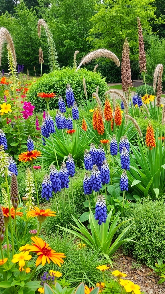 A colorful garden featuring native plants with blue, yellow, and orange flowers.