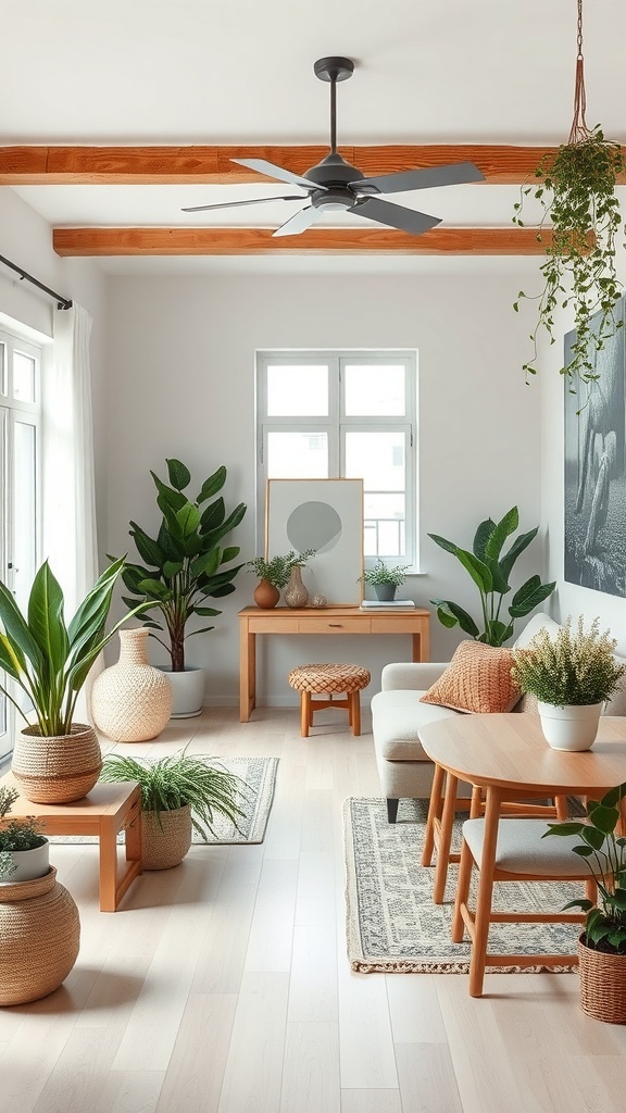 A stylish living room and dining area featuring plants and natural decor.