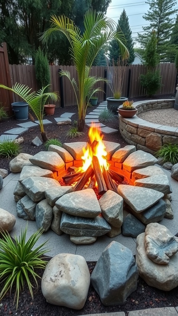 A cozy fire pit surrounded by stones and plants in a backyard setting.