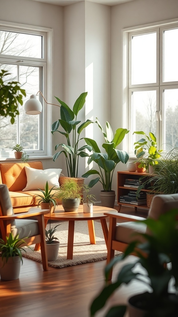 A cozy living room with plants, warm furniture, and natural light